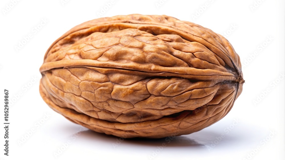A close-up shot of a single walnut, perfectly centered on a stark white background. A close-up shot of a single walnut, perfectly centered on a stark white background.