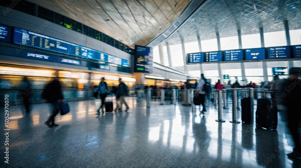A bustling airport terminal with travelers in motion, showcasing information boards and a high ceiling. A bustling airport terminal with travelers in motion, showcasing information boards and a high ceiling.