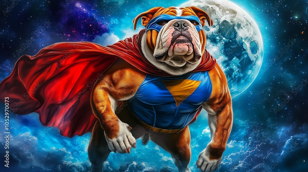 Super Bulldog Flying with Cape in Space Super Bulldog Flying with Cape in Space