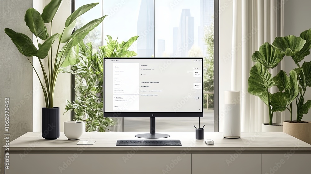 Fototapeta premium Modern Home Office Desk with Computer Plants and City View