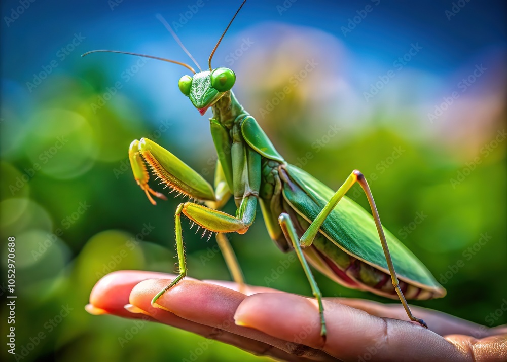 A green praying mantis rests on a hand, showcasing the remarkable behaviors and unique attributes of this fascinating insect predator in nature. A green praying mantis rests on a hand, showcasing the remarkable behaviors and unique attributes of this fascinating insect predator in nature.