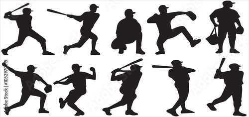 A collection of black silhouettes depicting various baseball players in action, showing positions like batting, pitching, catching, and fielding, vector illustration
