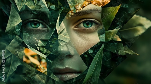 A cracked womanface revealing a lush garden inside, symbolizing inner beauty with detailed textures. AI generated photo