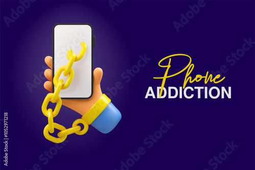 Mobile phone addiction vector 3d web banner isolated on dark background. Doomscrolling bad habit concept. Smartphone in hand, screen connected with chain