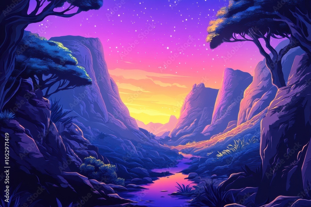 Fototapeta premium A Starry Night Over a Tranquil Mountain Valley With a Winding Creek