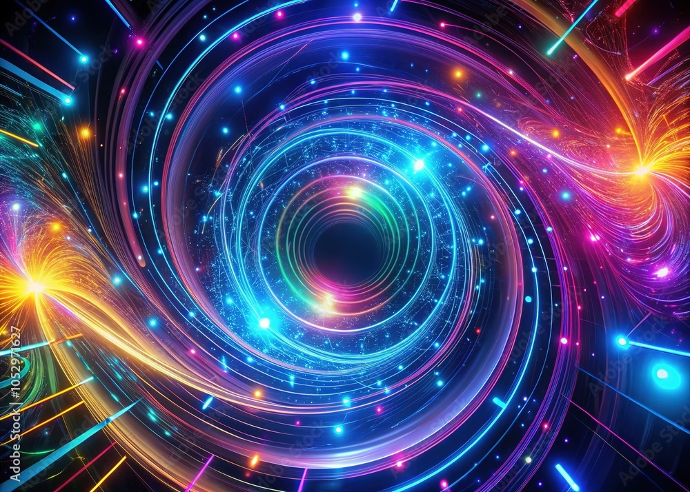 An enchanting neon abstract scene showcases a twisted electromagnetic vortex interlaced with luminous cyber network lines, crafting an immersive, futuristic environment. An enchanting neon abstract scene showcases a twisted electromagnetic vortex interlaced with luminous cyber network lines, crafting an immersive, futuristic environment.