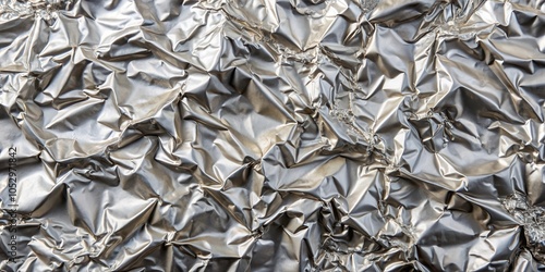 Abstract Textural Background of Crinkled Shiny Aluminum Foil With Irregular Shapes and Creases