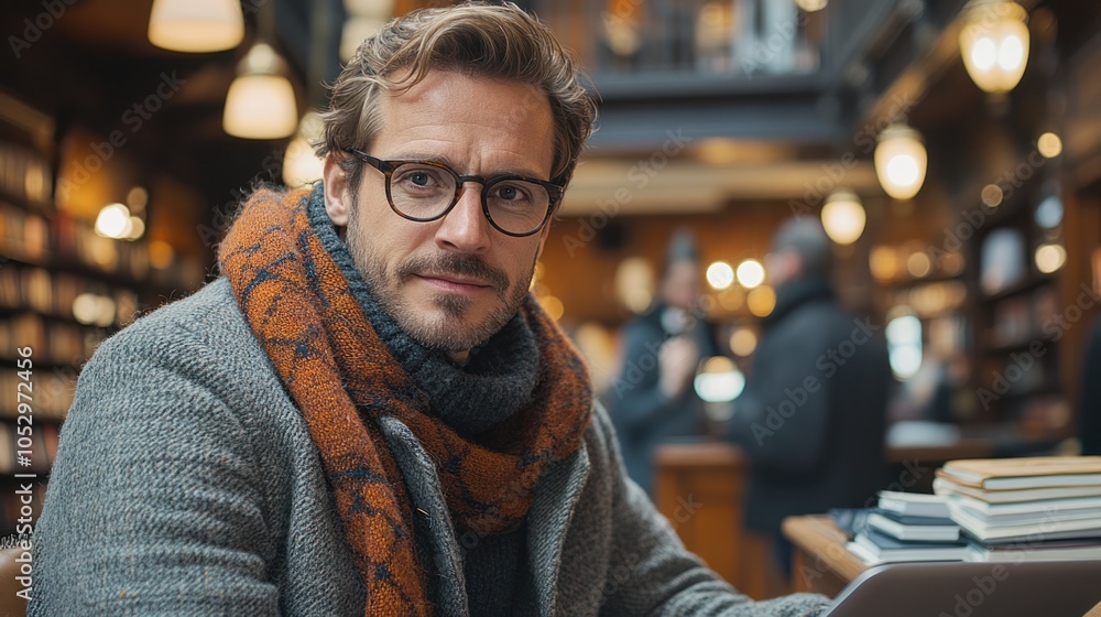 Fototapeta premium Man in Glasses and Scarf Posing in a Library Setting