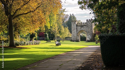 2410 13.A view of the Castle Grounds in Reigate, Surrey, showcasing a mock medieval gateway amidst a beautifully landscaped public park. The gateway stands as a historical nod to the castle that once