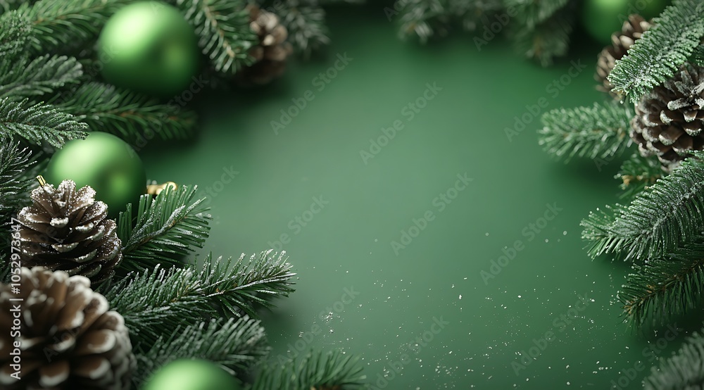 Green Christmas background with pine cones and green ornaments on a light green background Green Christmas background with pine cones and green ornaments on a light green background