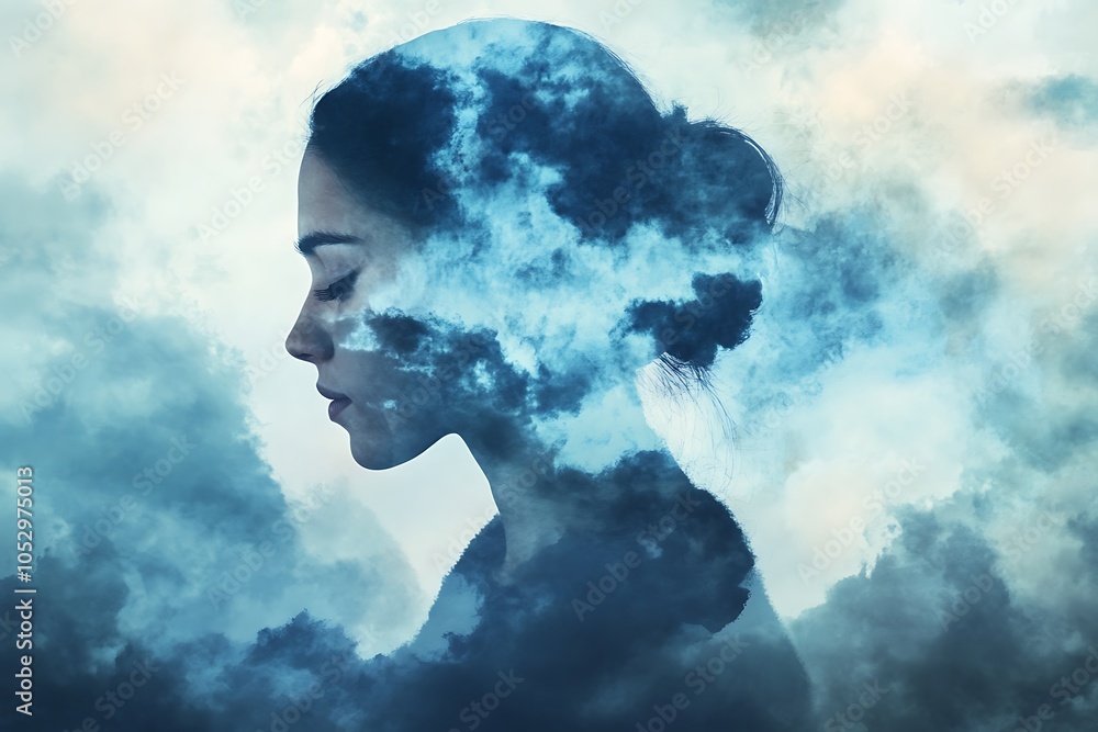 A woman's silhouette merging with clouds, symbolizing introspection, peace, and the transient nature of thoughts, set in a surreal dreamlike atmosphere. A woman's silhouette merging with clouds, symbolizing introspection, peace, and the transient nature of thoughts, set in a surreal dreamlike atmosphere.
