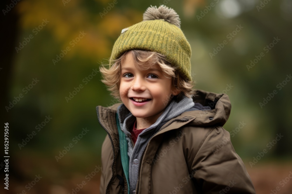 Portrait of a cute little boy in a hat and coat in the autumn forest Portrait of a cute little boy in a hat and coat in the autumn forest