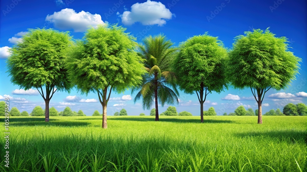 Capture the essence of a tall grass lawn in front view, showcasing five trees, provided as a PNG with an alpha channel for 3D rendering and cutout use. Capture the essence of a tall grass lawn in front view, showcasing five trees, provided as a PNG with an alpha channel for 3D rendering and cutout use.