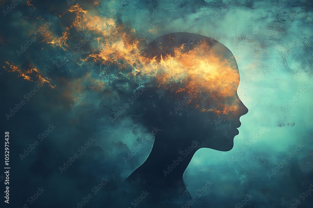 A silhouette of a head with fiery clouds, symbolizing the intensity of thoughts, creativity, and emotional energy in a surreal and introspective atmosphere. A silhouette of a head with fiery clouds, symbolizing the intensity of thoughts, creativity, and emotional energy in a surreal and introspective atmosphere.