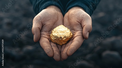 A person holds a shiny gold nugget in their outstretched hands against a dark, blurred background.