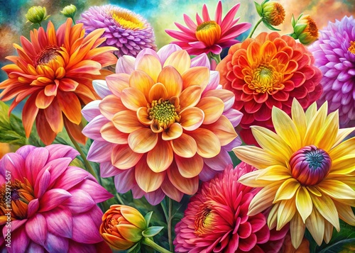 Wallpaper Mural Celebrate nature's beauty with this vibrant summer floral watercolor art print. Generative AI design brings color and cheer, perfect for brightening any living space. Torontodigital.ca