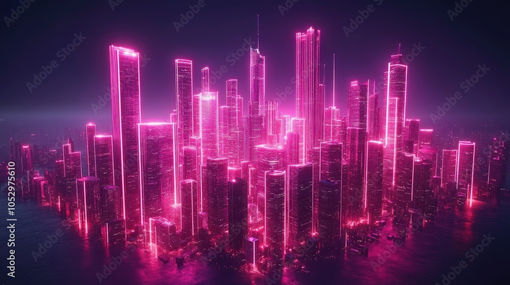 A futuristic cityscape with glowing pink neon lights, highlighting the skyscrapers and creating an otherworldly ambiance. A futuristic cityscape with glowing pink neon lights, highlighting the skyscrapers and creating an otherworldly ambiance.