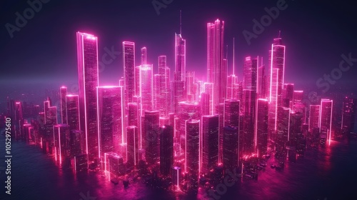 A futuristic cityscape with glowing pink neon lights, highlighting the skyscrapers and creating an otherworldly ambiance.