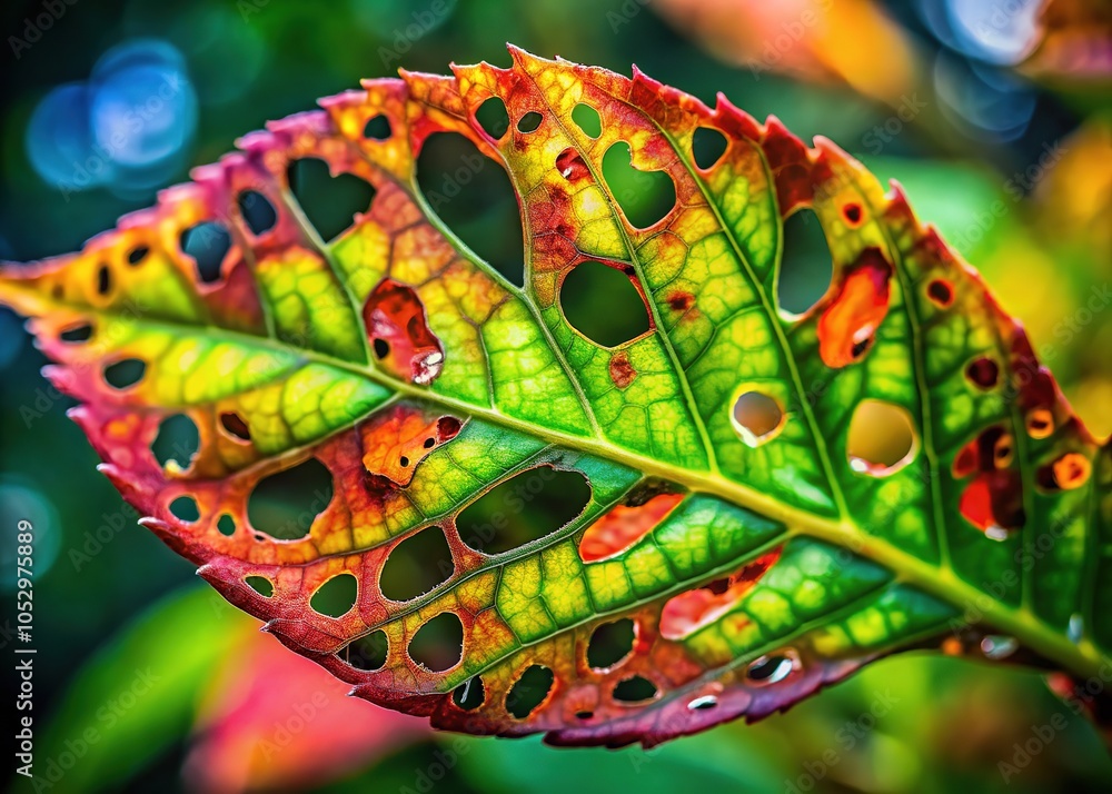 Fototapeta premium Chewed leaves are natureâ€™s evidence of insect activity, reflecting the dynamic interaction between bugs and plants in the garden's thriving ecosystem.