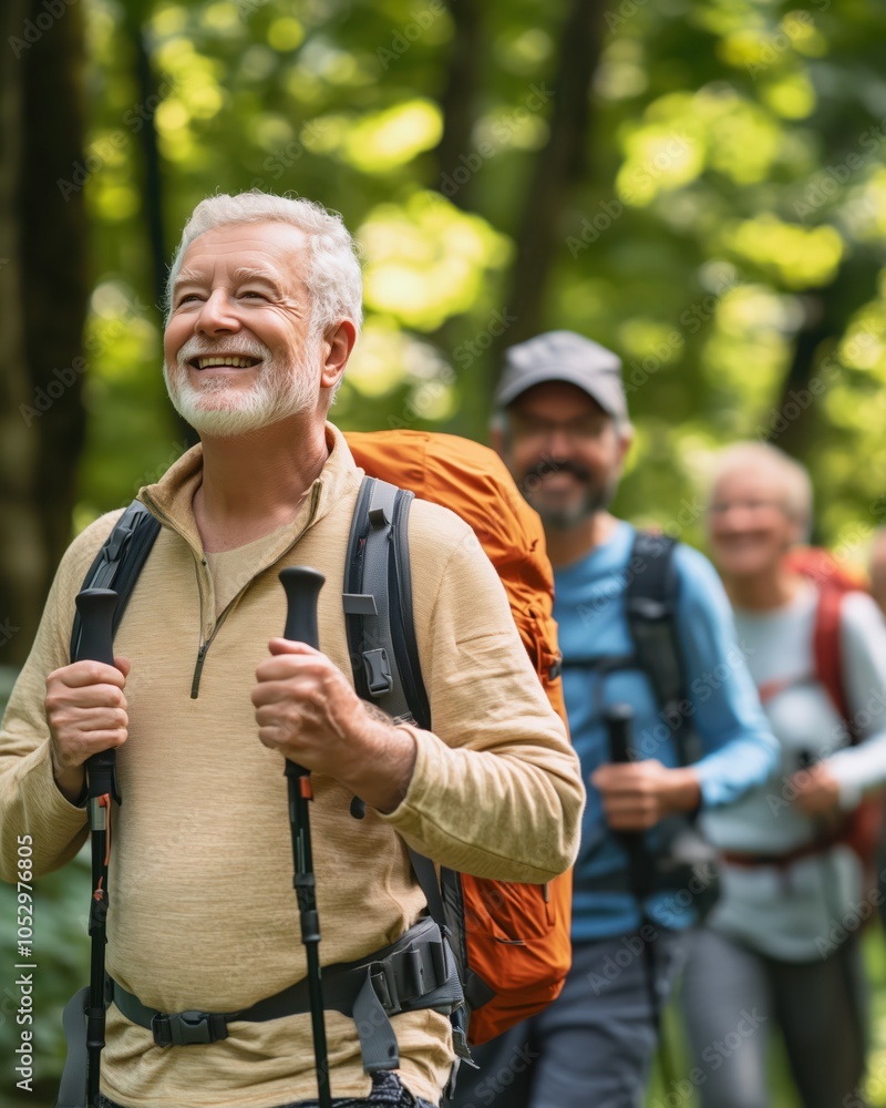 Fototapeta premium Smiling Senior Man Hiking with Friends in Forest