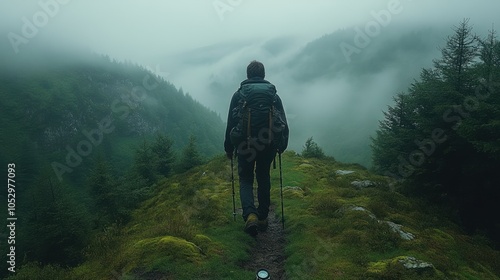 Solo hiker on a foggy mountain path