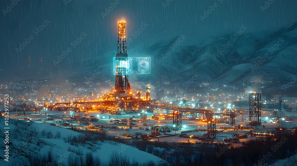 Obraz premium A photography showcasing an advanced oil drilling site in the Middle East featuring state of the art machinery and equipment equipped with holographic projections of geological data and analytics