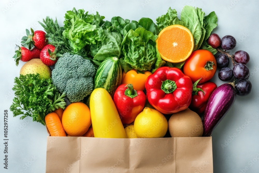 Fresh Assortment of Fruits and Vegetables from a Grocery Bag Fresh Assortment of Fruits and Vegetables from a Grocery Bag