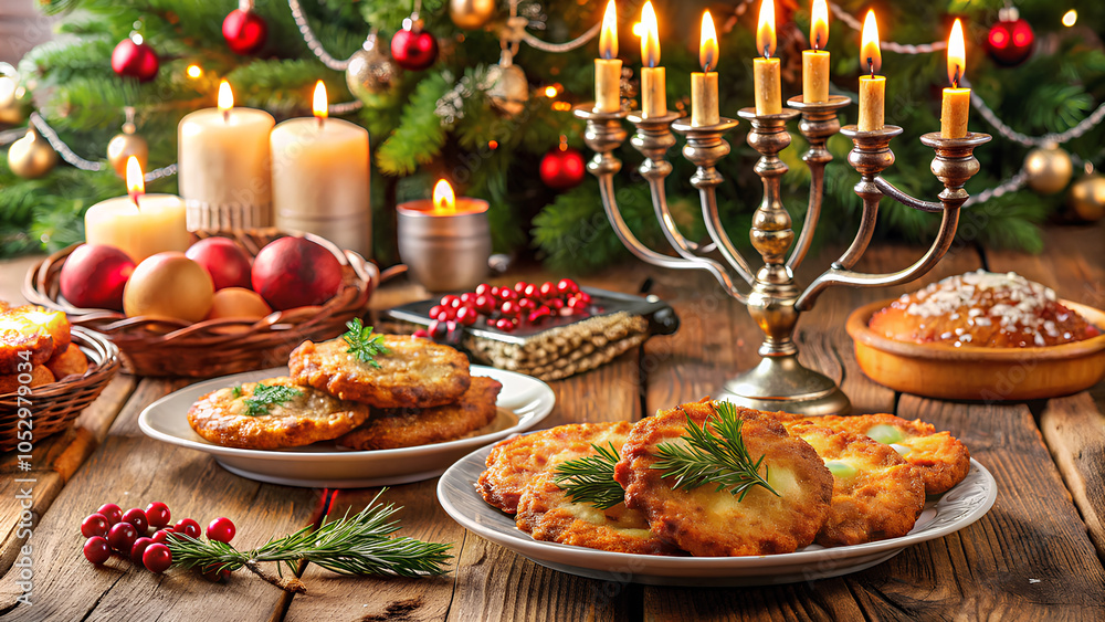 Table with latkes and Christmas cookies, Hanukkah and Christmas Festive Table with latkes and Christmas cookies, Hanukkah and Christmas Festive