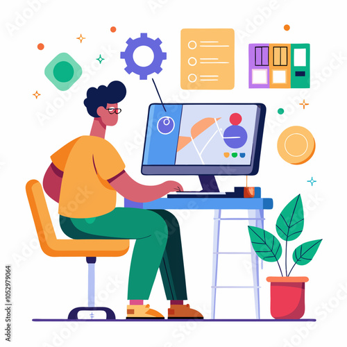 universal designer using computer and figma on a white background