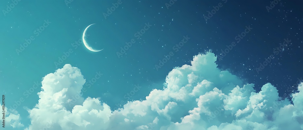 Fototapeta premium Beautiful blue sky with white clouds and a moon banner.