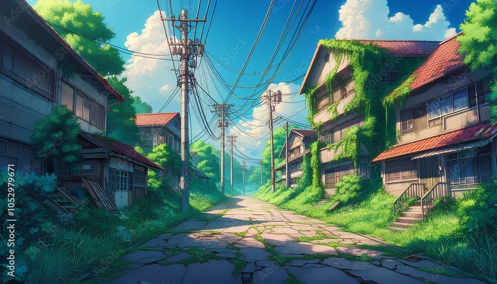 Fototapeta premium Sunlit Overgrown Street with Vintage Buildings and Peaceful Vibes