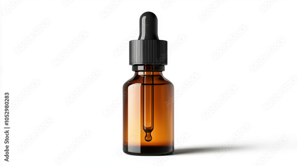 Naklejka premium A simple amber glass dropper bottle, often used for essential oils or serums, stands alone against a white background.