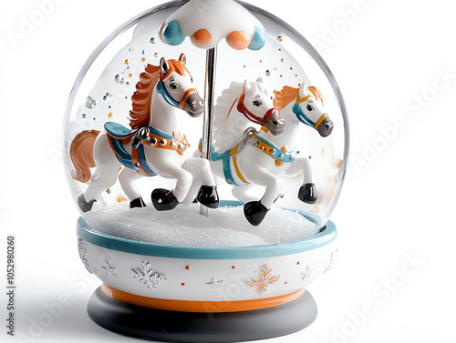 Enchanting snow globe featuring holiday carousel horses in midspin for a magical winter scene photo