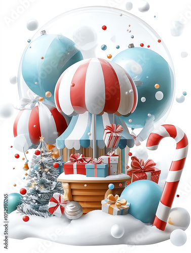 Magical snow globe displaying a festive market with colorful holiday stalls and cheerful decorations amidst snowfall