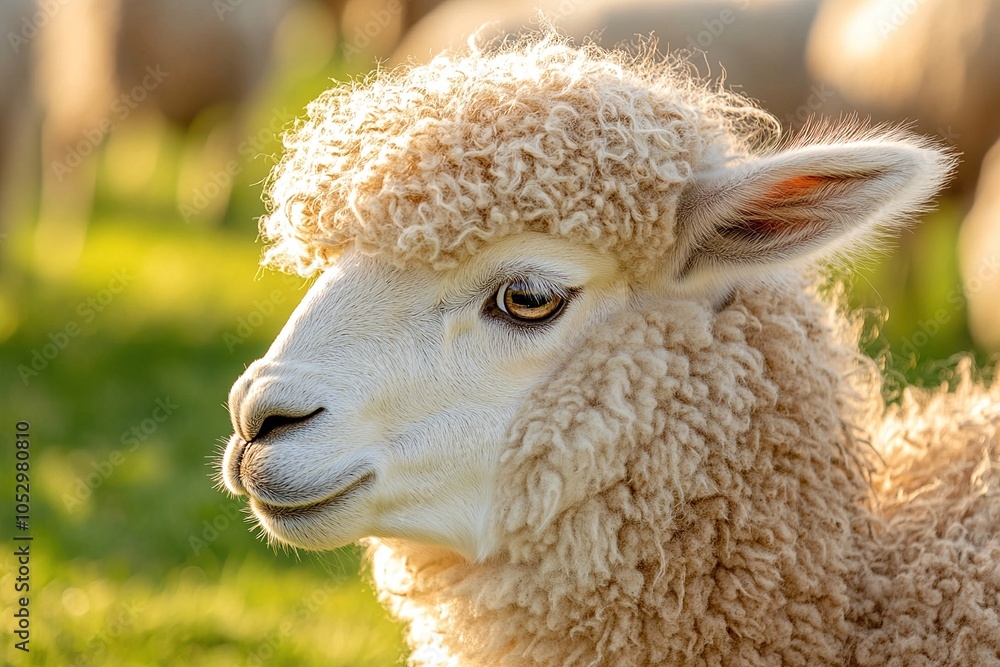 Close-up portrait of a sheep with fluffy white fleece, looking to the side with a gentle expression in a field. Close-up portrait of a sheep with fluffy white fleece, looking to the side with a gentle expression in a field.