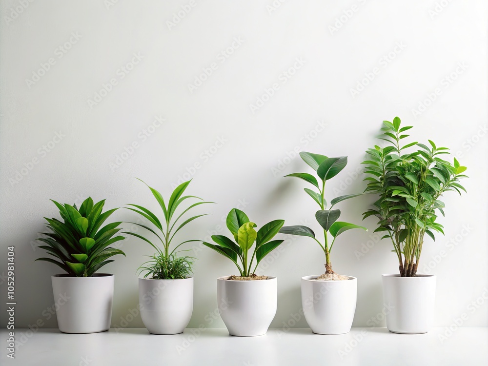 Fototapeta premium Elegant display of lush green plants on a pristine white background, creating a clean, modern aesthetic that complements contemporary decor beautifully.