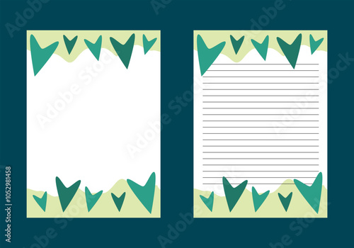 Set of plain and striped paper with green wave and love motifs