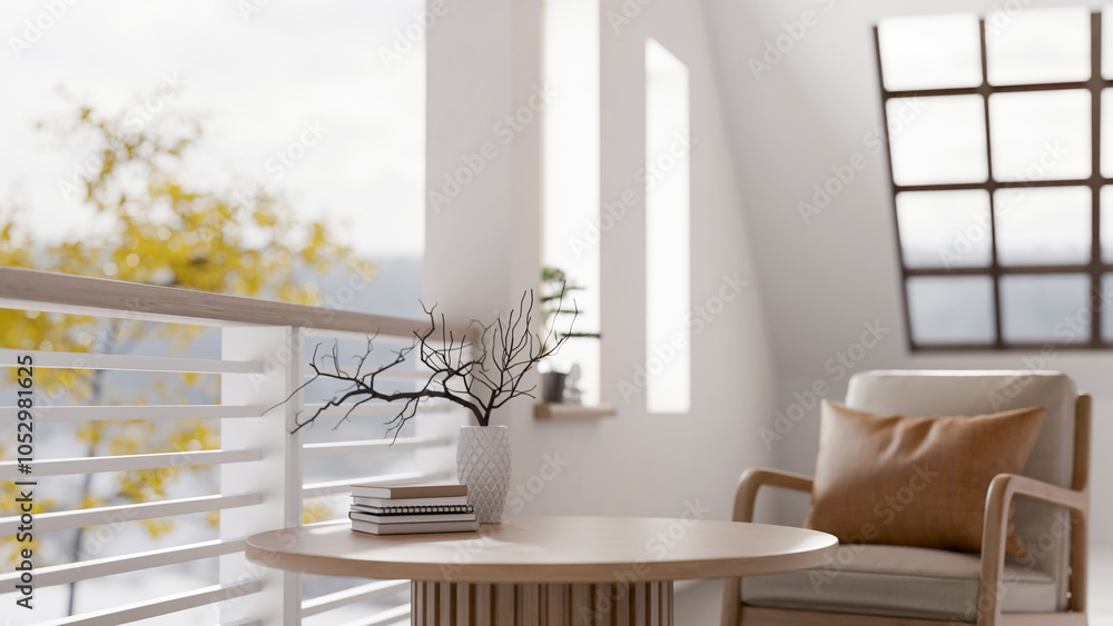 Fototapeta premium A comfortable contemporary relaxation area featuring a round wooden coffee table and an armchair.