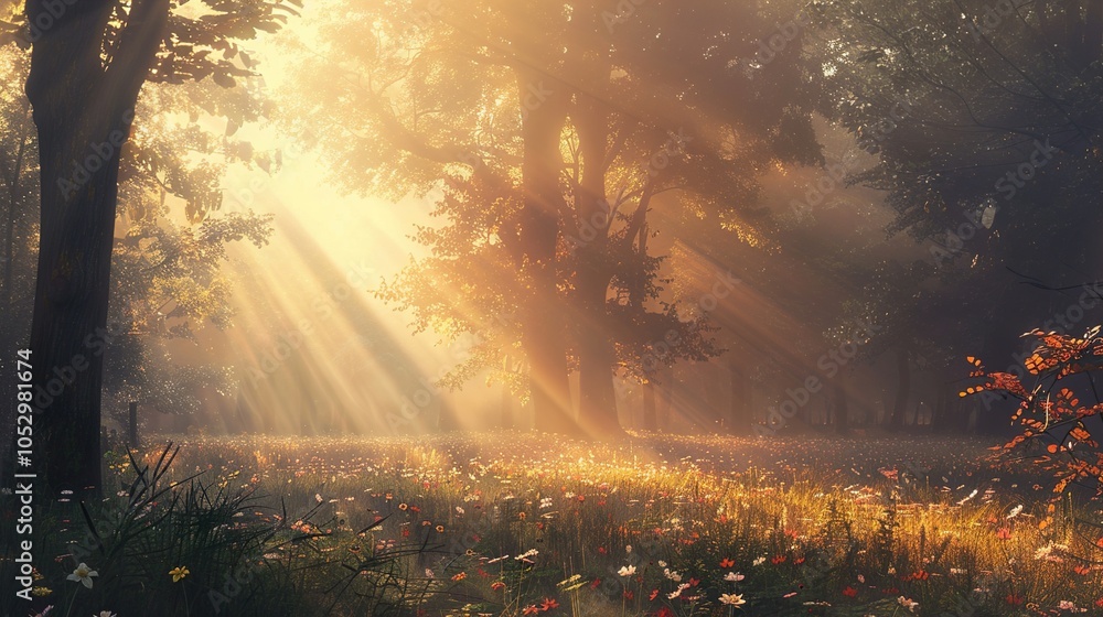 Golden Light in a Misty Forest: A Dreamy Landscape Golden Light in a Misty Forest: A Dreamy Landscape