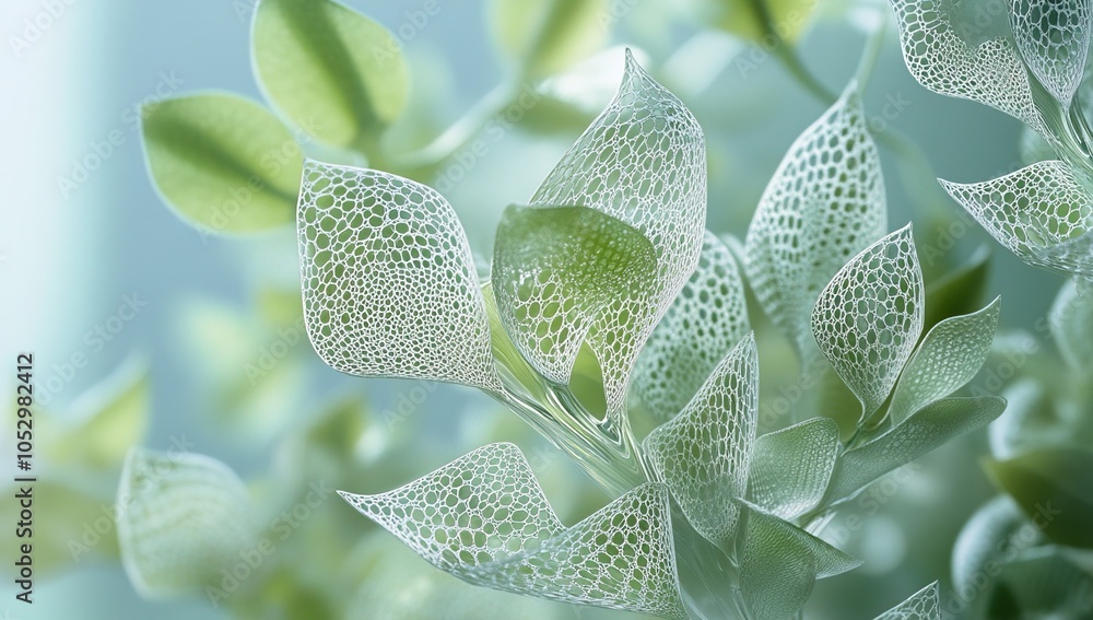 Close-up of delicate, lace-like leaves with a soft, green and white color scheme. Close-up of delicate, lace-like leaves with a soft, green and white color scheme.