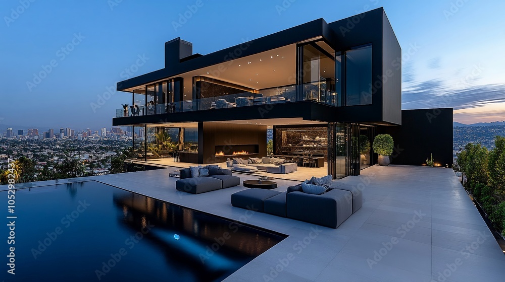 Obraz premium Modern Hilltop Oasis: A sleek, contemporary home perched atop a hill boasts breathtaking city views, a luxurious infinity pool, and a sophisticated design that embodies modern elegance.