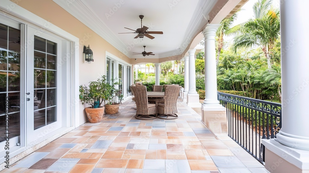 Obraz premium Top view of a porch and patio with durable, weather-resistant tiles in a natural stone and earthy finish, creating a welcoming outdoor space that seamlessly blends style and functionality, 