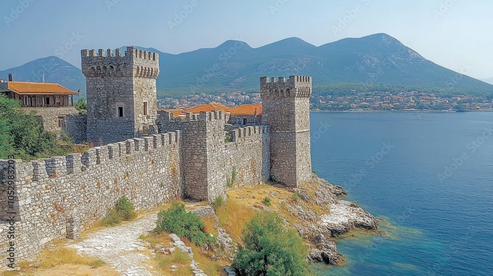 Fototapeta premium Stone Fortress Overlooking the Adriatic Sea and Mountains