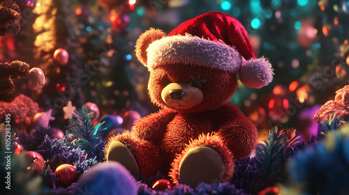 Wallpaper Mural Christmas teddy bear wearing santa hat with christmas tree and gift box background Torontodigital.ca