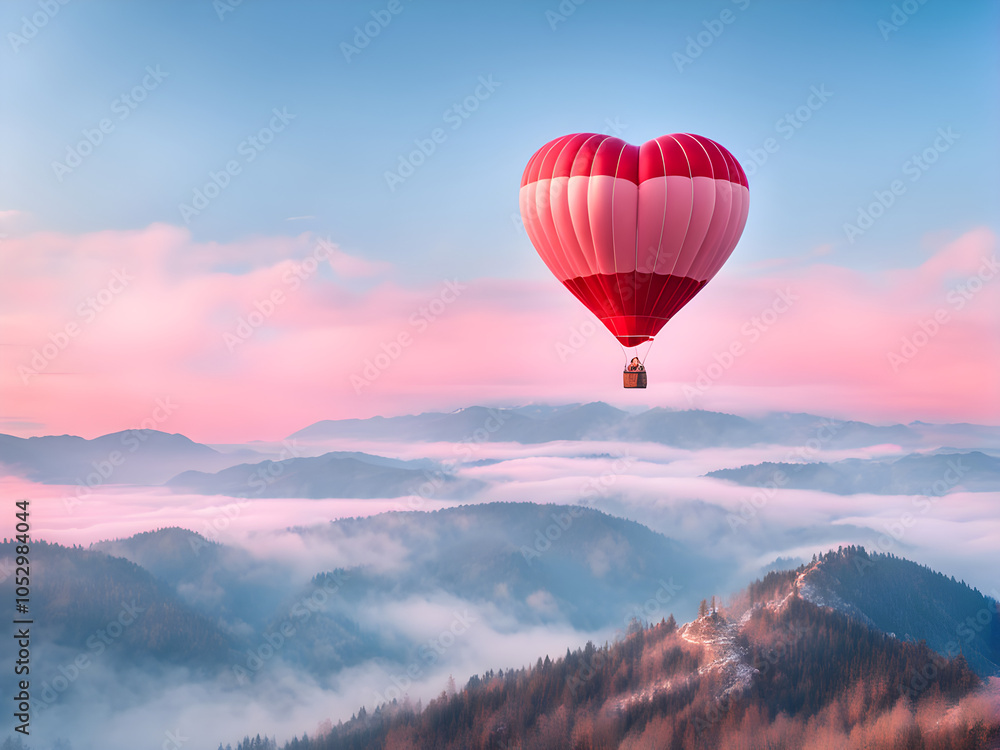 Fototapeta premium Beautiful red air balloon heart shape against blue and pink pastel sky in a sunny bright morning. Foggy mountains in the background. Romantic trip on Valentine's Day. Sport and recreation travel theme
