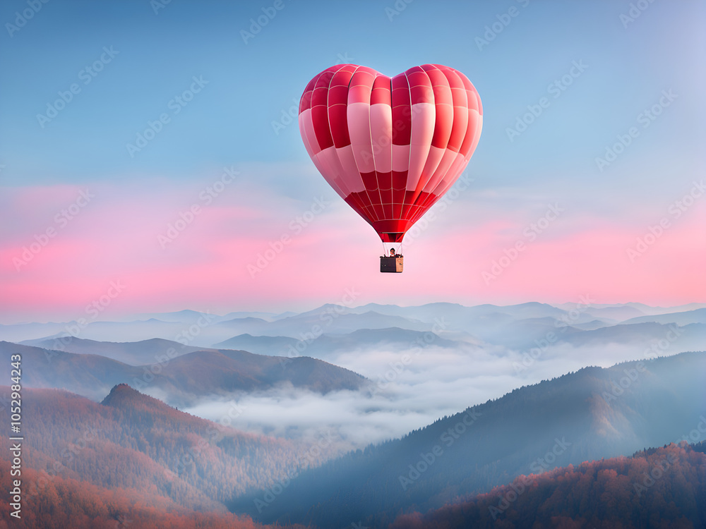 Fototapeta premium Beautiful red air balloon heart shape against blue and pink pastel sky in a sunny bright morning. Foggy mountains in the background. Romantic trip on Valentine's Day. Sport and recreation travel theme