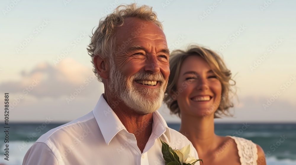 Obraz premium Smiling Elderly Couple at Sunset