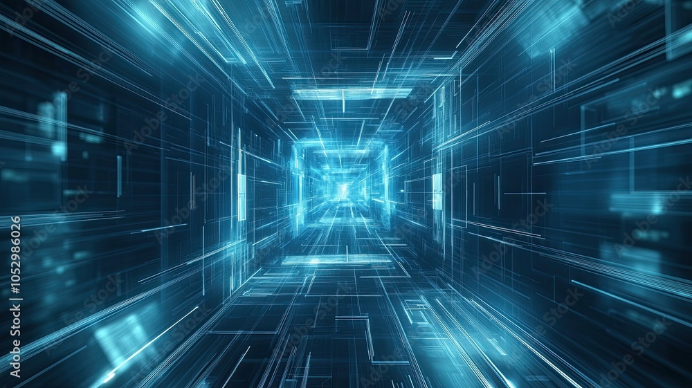 Digital Tunnel: A mesmerizing digital tunnel with glowing blue lines and squares, creating an abstract, futuristic, and technology-oriented visual. The digital tunnel evokes a sense of speed. Digital Tunnel: A mesmerizing digital tunnel with glowing blue lines and squares, creating an abstract, futuristic, and technology-oriented visual. The digital tunnel evokes a sense of speed.