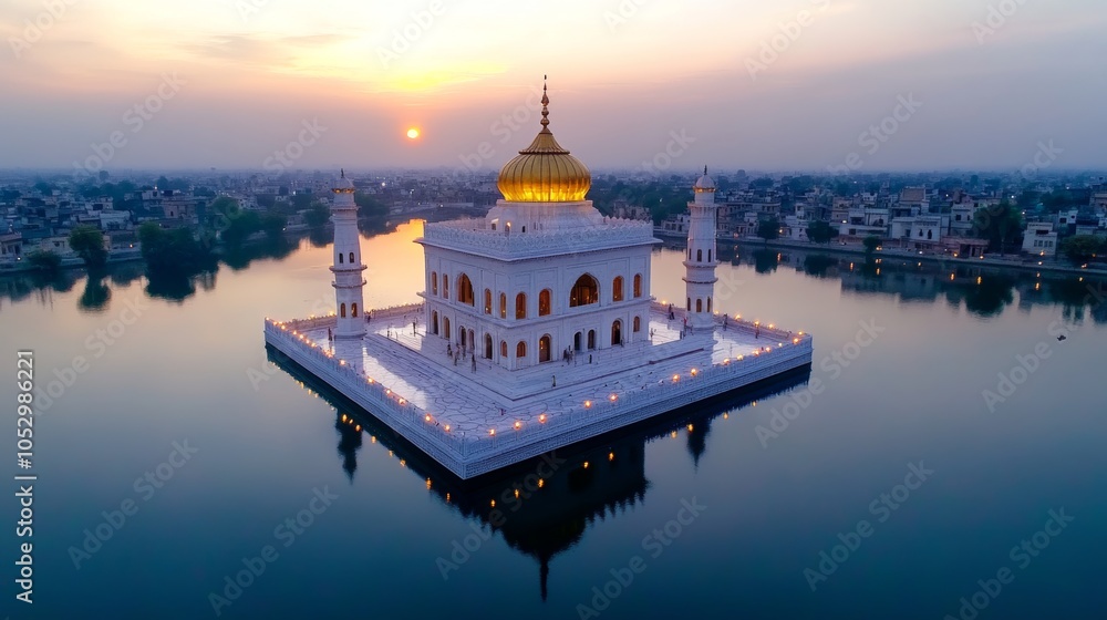 Fototapeta premium Golden Dome Mosque on Island Lake at Sunset Aerial View