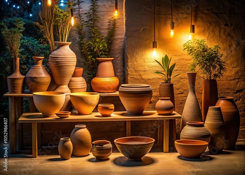 Handcrafted terracotta vases and bowls enhance contemporary home decor, blending elegance and minimalism for a stylish aesthetic that inspires modern interior design choices. photo